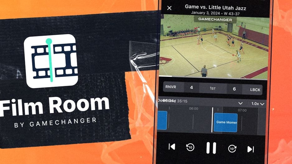 A product image from GameChanger with the words “Film Room by GameChanger” on one side and a screenshot of a phone running the program on the other. 