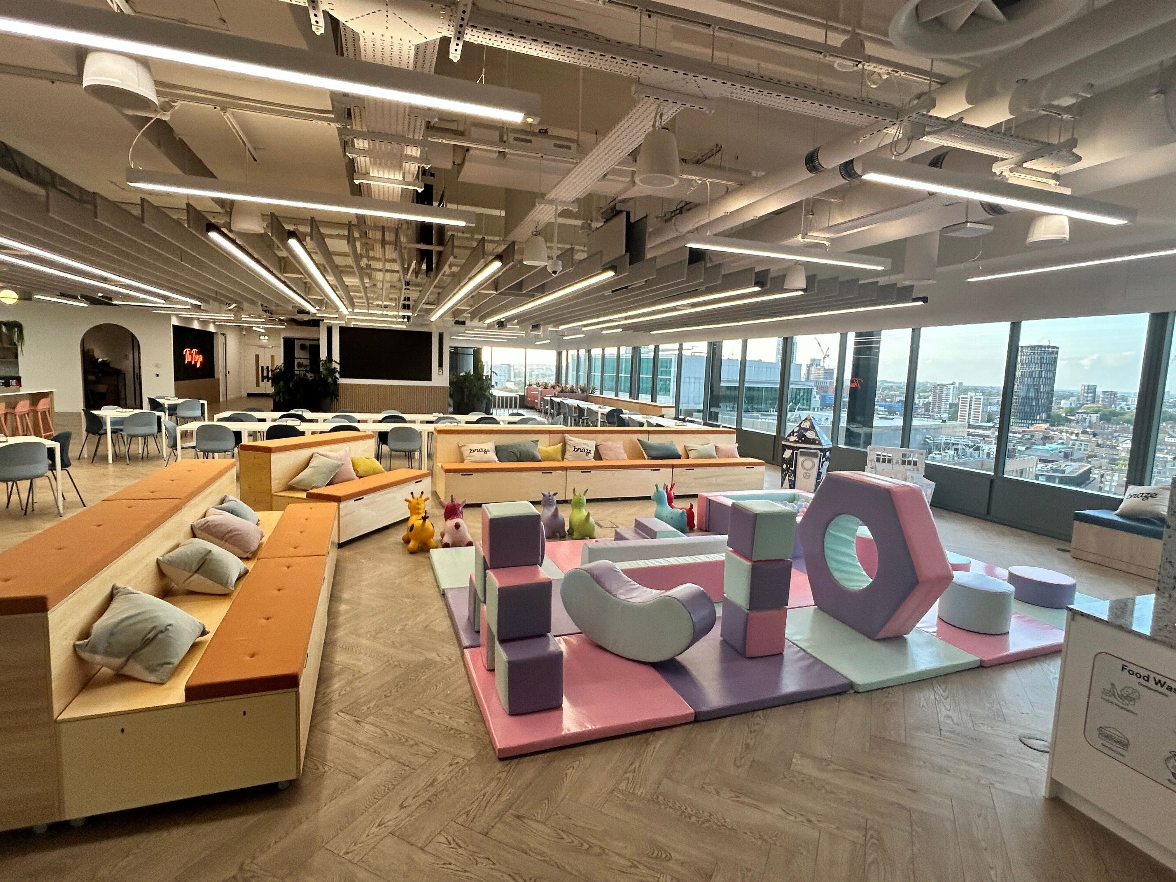 A play area with toys is laid out for Braze’s Take Your Kids to Work Day celebrations.