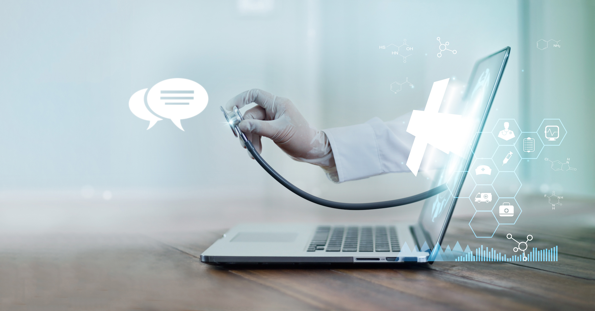 doctor's hand with stethoscope protrudes from the laptop screen to examine the patient