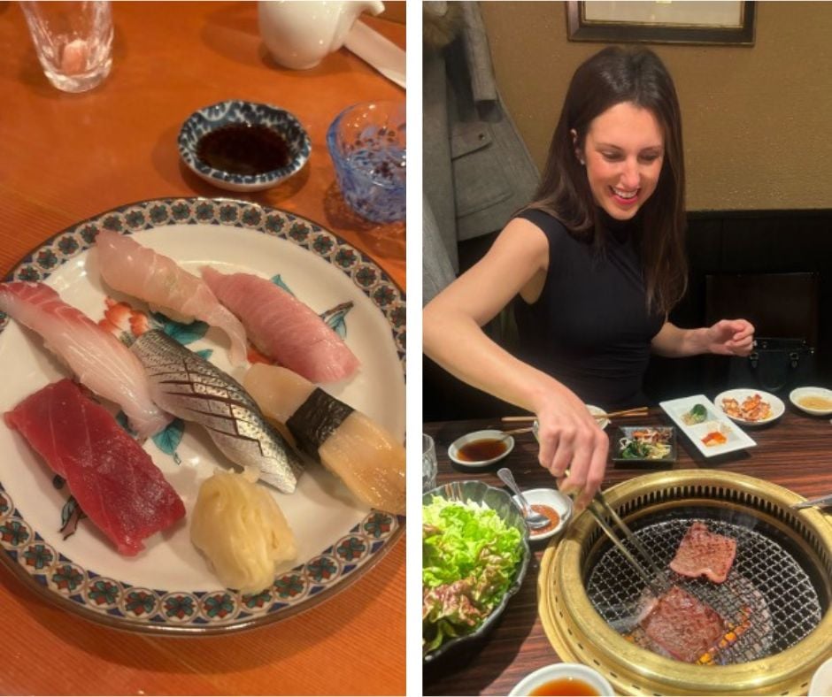 Two images of Lindsay Becker enjoying Japanese cuisine.