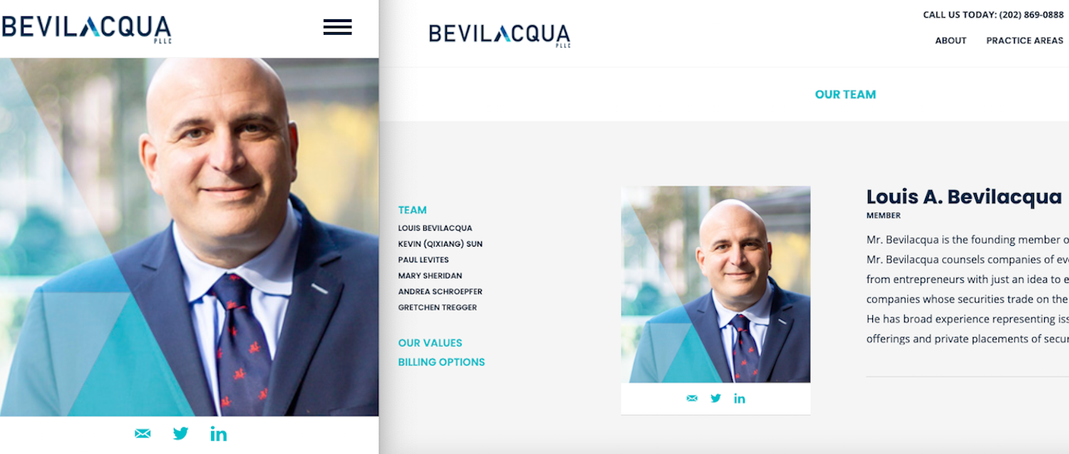 The website of the law firm Bevilacqua anchors attorney's bios on the page, so they are easily found through search.