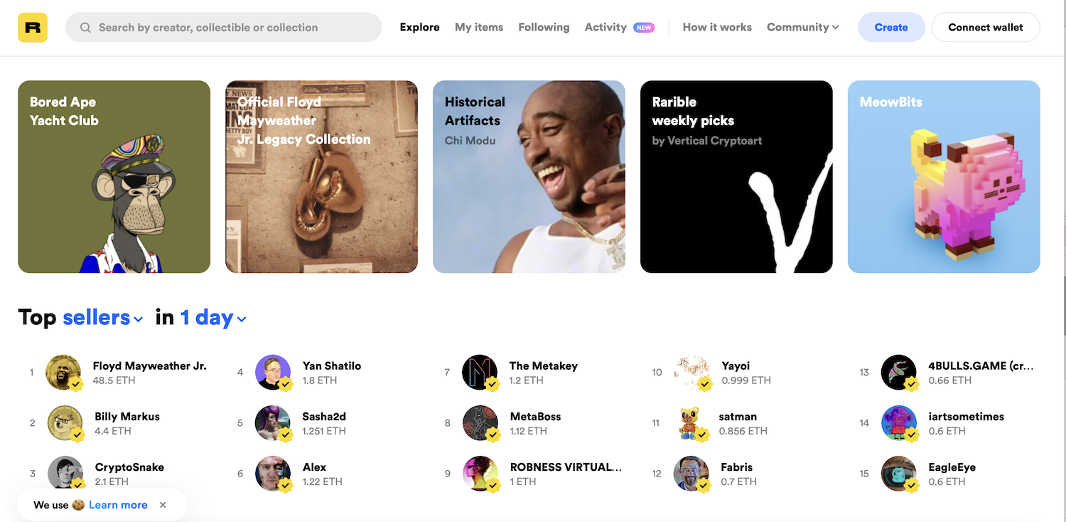 Rarible is an NFT marketplace arranged like an e-commerce website, browsable by top sellers and the latest auctions. 