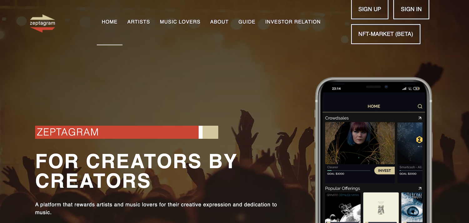 Zeptagram allows musicians to sell a portion of ownership rights to their compositions as NFTs.